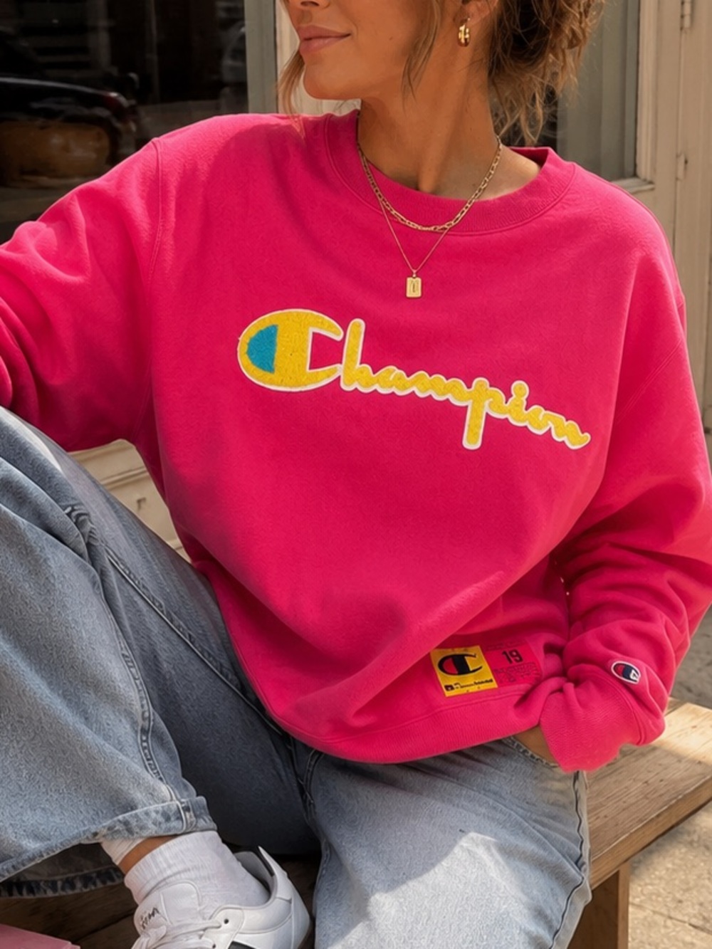 Champion Reverse Weave Logo Crewneck Sweatshirt Hot Pink Women’s Small